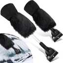 Geyoga 2 Pcs Ice Scraper Retractable with Glove Set Faux Fur Car Windshield Scraper Mitt Retractable Snow Remover Quickly Ice for Removing Snow Glove Set for Keeping Warm(Black)