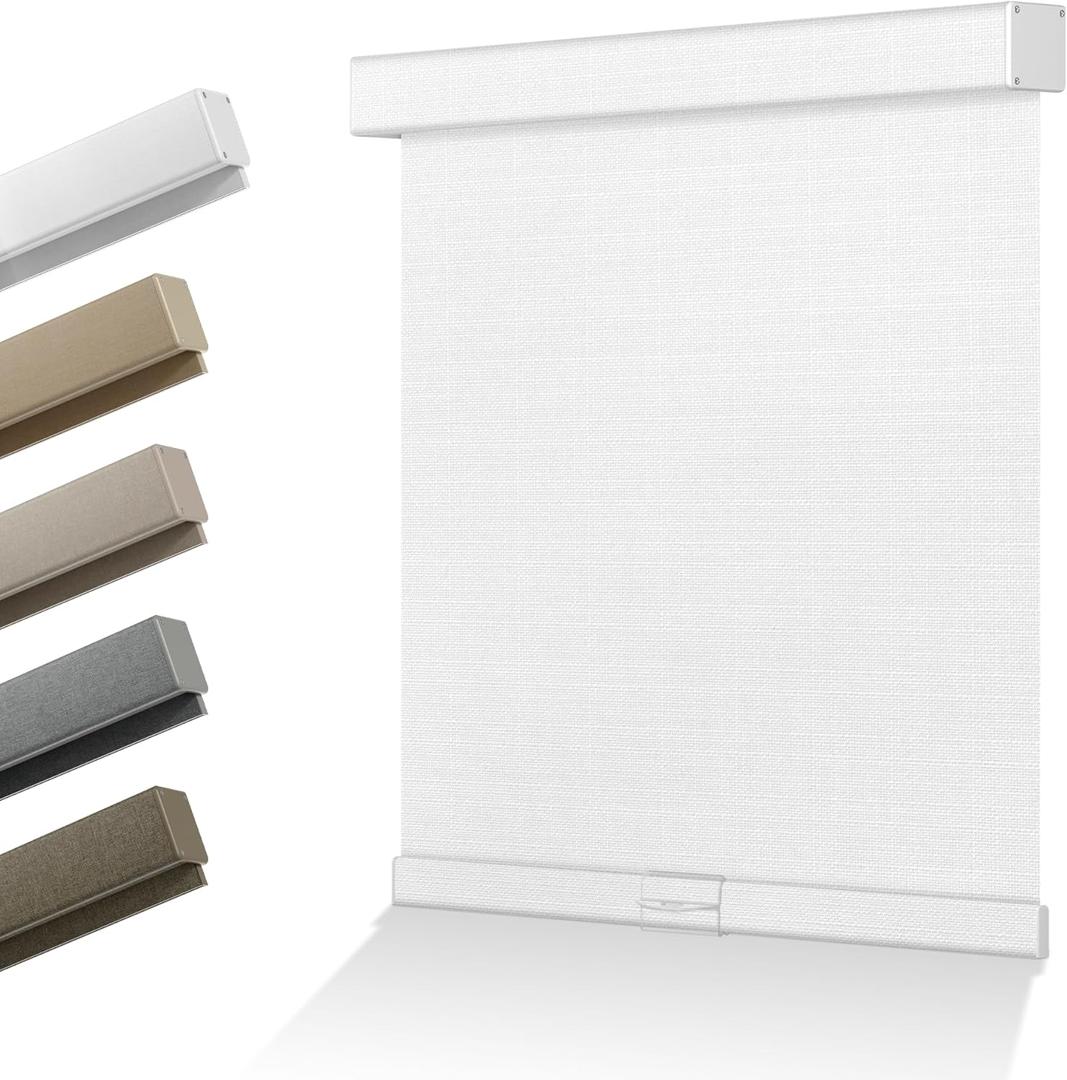 Blackout Linen Roller Shades for Windows Cordless Room Darkening Roller Blinds Easy to Install with Cassette Valance Custom Window Shades for Home Office Living Room White, Custom Size