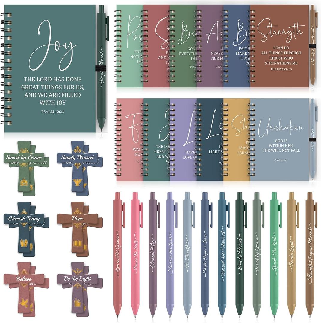 36 Pcs Christian Bulk Gifts for Women: 12 Bible Verse Spiral Notebooks with 12 Scripture Pens & 12 Magnetic Bookmarks, Boho Prayer Journal Father's Day Gifts for Church Members, Bible Study Groups