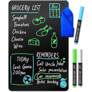 Magnetic Black Dry Erase Board for Fridge (12 x 8 inch), Stain-Resistant w/ 3 Magnetic, Fine-Tip Neon Chalk Markers & Eraser by Yes4Quality