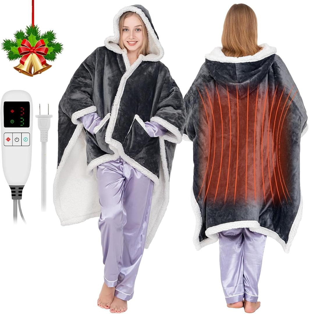 Wearable Heated Throw Blanket for Women Heated Shawl Wrap Heated Poncho Blankets with Sleeves Flannel&Sherpa Electric Robe Heated Throw Hoodie Blanket with 9 Temp for Home,Office 51"x63"
