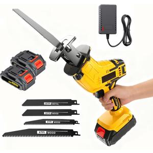 Cordless Reciprocating Saw: Variable Speed, Tool-Free Blade Change Electric Saws - Includes 2 Batteries, Charger, 4 Saw Blades - Suitable for Metal/PVC Cutting and Wood Trimming