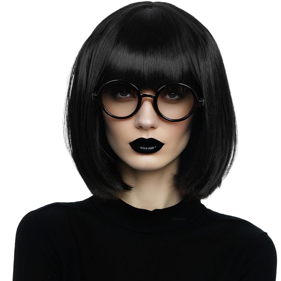 Linfairy Short Black Bob Fluffy Wig Halloween Cosplay Costume Wig for Women with Glasses Frames