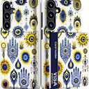 Compatible for Samsung Galaxy S24 & S25 Case Cute with Card Holder/Slim Slot Phone Cover for Women/Evil Eyes Collection Magical Religion Symbol Abstract Blue Yellow