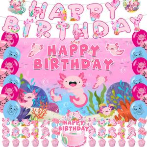 Axolotl Birthday Decorations, Pink Axolotl Happy Birthday Decorations Backdrop Banner Cake Cupcake Toppers Balloons for Girl Axolotl Party Supplies