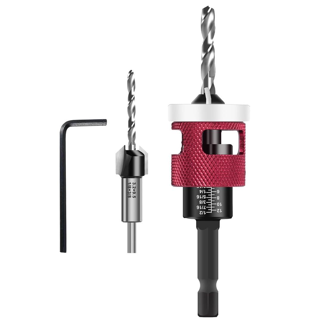 Countersink Drill Bit Set - Countersink Drill Bit with Low Friction Depth Stop, Replaceable HSS M2 Tapered Bits, Carbide Drill Bits 1/4 Hex Shank for Woodworking Tools & Hand Tools