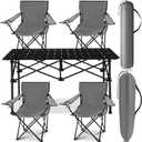 5 Pcs Summer Portable Camping Chair and Folding Camping Table Set Outdoor Oxford Fabric Folding Chair Lawn Portable Camp Table with Cup Holder Carry Bag for Travel Fishing Sport(Gray) (Grey)