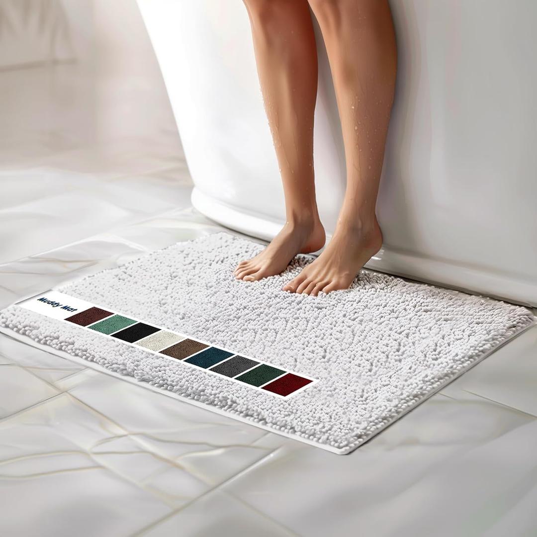 Muddy Mat | Chenille Bathroom Rugs Quick Dry Microfiber Mats Non Slip Washable, Extra Thick, Soft and Highly Absorbent Bath Mats for Bathroom, Kitchen, and Shower Floor - White 24"x35"