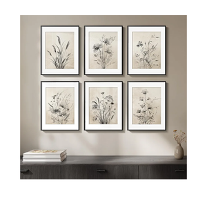 Framed Boho Vintage Botanical Wall Art, Set of 6 Black and White Floral Canvas Painting Prints with Mat for Farmhouse Living Room, Neutral Rustic Flower Artwork for Kitchen Bedroom Home Decor, 11x14