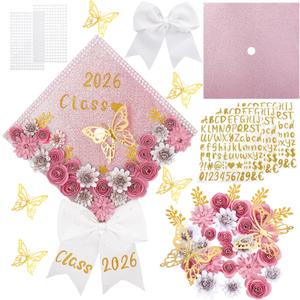 Ovveroche 63 Pcs Pink DIY Graduation Cap Decoration Kit, Grad Cap Topper with Paper Flowers, Bow, 3D Butterflies, Leave Pearl Letter Number Stickers for Personalized 2026 Grad Hat Decor