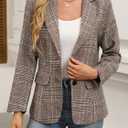 ELLEVEN Womens Casual Plaid Blazer Lapel Collar Double Button Long Sleeve Boyfriend Blazer Suit Houndstooth Plaid Blazer Jacket Business Work Office Blazer Suits Brown Plaid, Small