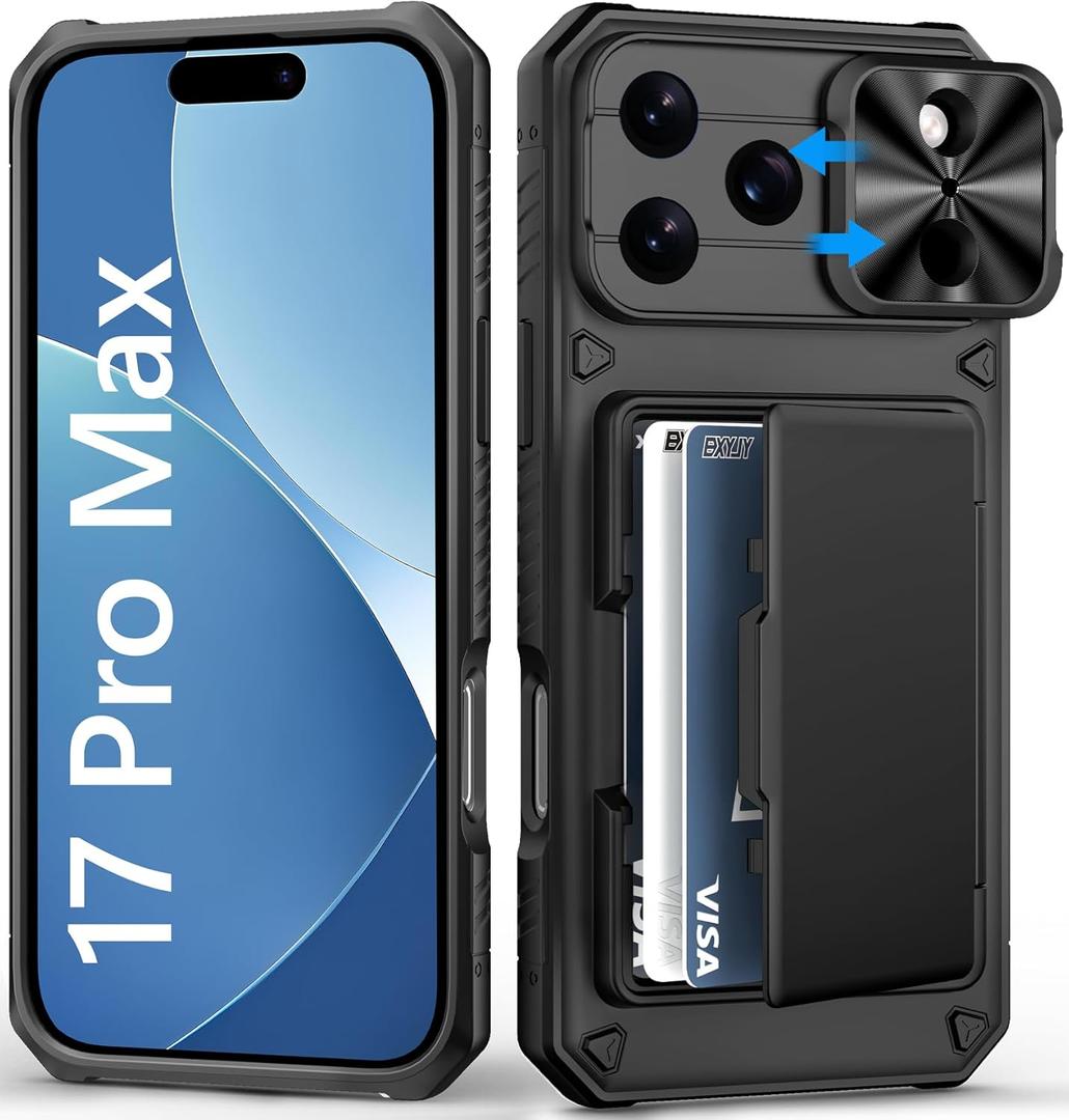 For iPhone 17 Pro Max Case Wallet, Card Holder (4-5 Cards), Slide Camera Cover, Military Drop Protection, Rugged Heavy Duty Men Women Protective Phone Case for iPhone 17 Pro Max 6.9" 2025, Black