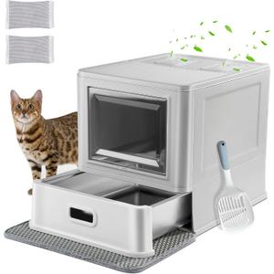 Marchul Enclosed Stainless Steel Cat Litter Box with Lid & Drawer Design for Indoor All Lifestyles Cats, Metal Covered Cat Litter Box, Baffles for Anti-Leakag, with Litter Scoop & Litter Mat