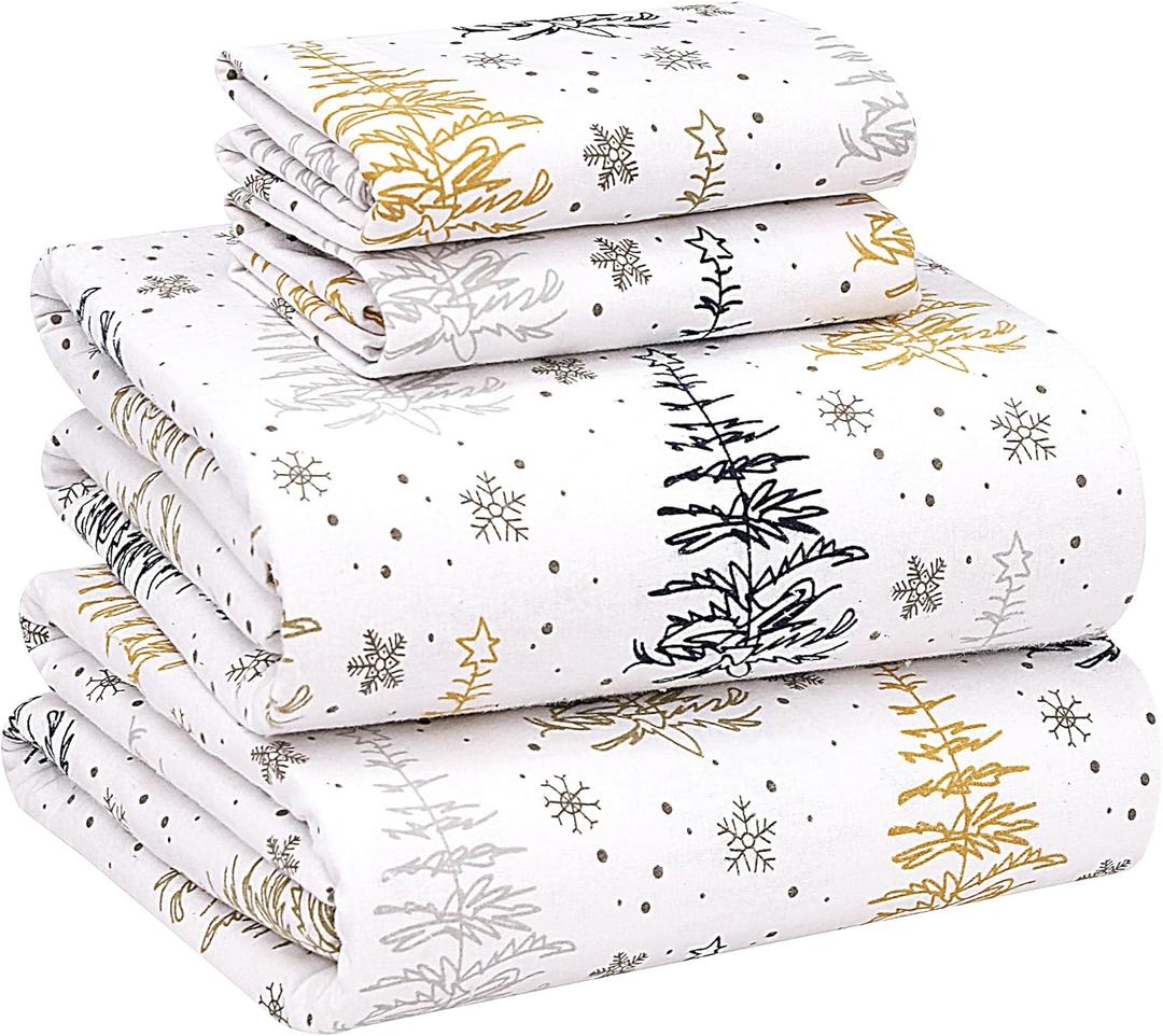 RUVANTI Flannel Sheets Queen Size - 100% Cotton Double Brushed Bed Sheets, Deep Pockets 16 Inches Queen Sheet Set, All Seasons Breathable & Extra Soft - Warm & Cozy, 4 Piece, Christmas Tree