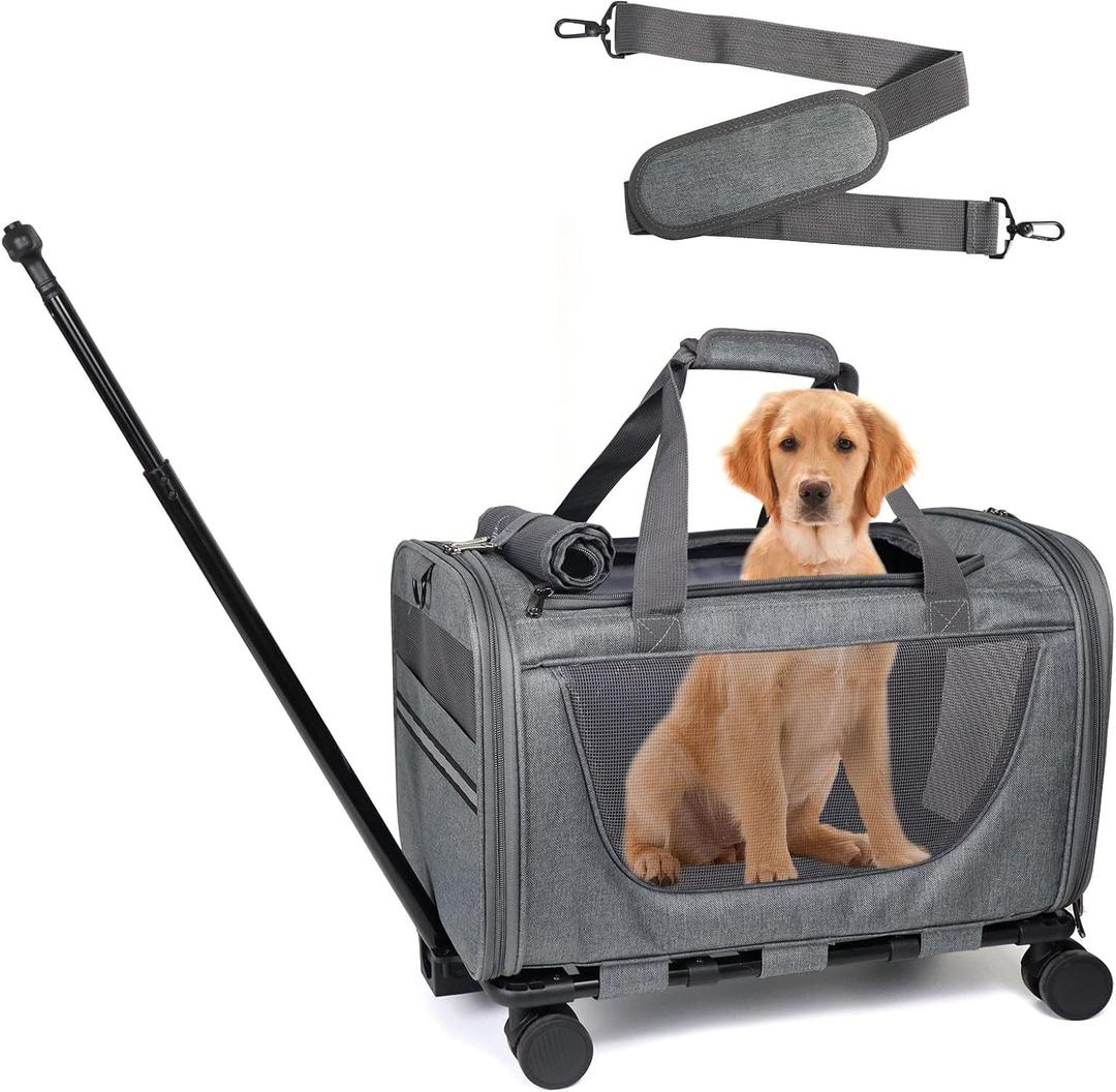 Cat Carrier with Wheels for Dogs, Telescopic Handle Pet Travel Bag,Trolley Rolling Carriers for Small Medium Animals Kitten Puppy