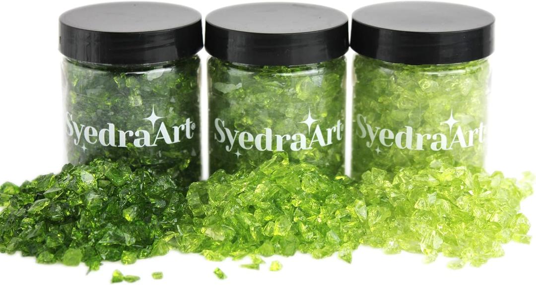 Syedra Crushed Glass for Crafts, 3-6mm Set of 3, Resin Art, Crushed Colored Pieces 1LB (Green)
