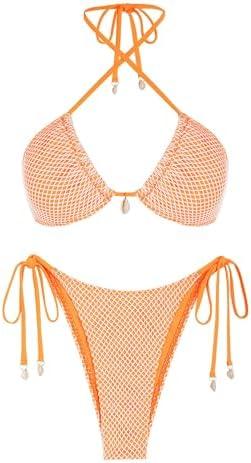 ZAFUL Women's Triangle Bikini Multiway Fishnet Tie Side Bandeau Halter String Bikini Set Two Piece Swimsuit Bathing Suits Size M