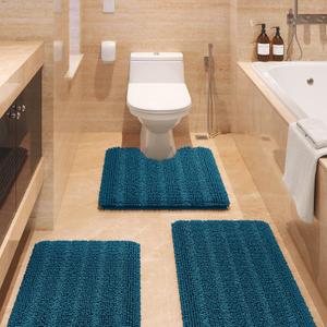 ACCUMTEK Striped Atlantic Blue Bathroom Rug Set 3 Pieces Ultra Soft, Non Slip Chenille Toilet Mat, Absorbent Plush Shaggy Bath Mats for Bathroom, Bedroom, Kitchen (20"x32"+17"x24"+U Shape 20"x24")