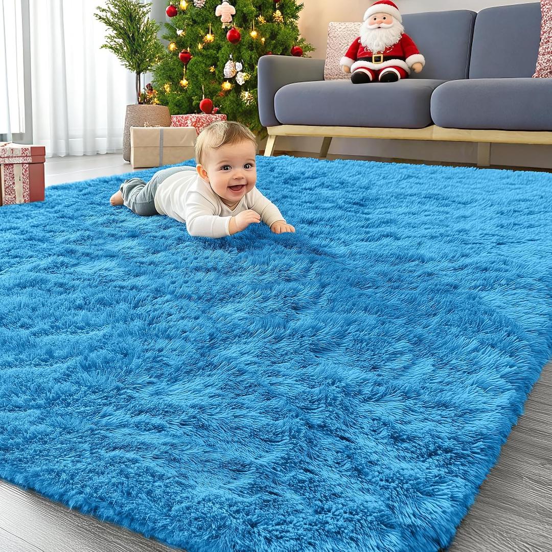 OLANLY 5x7 Machine Washable Large Area Rugs for Living Room, Bedroom, Soft Fluffy Shaggy Bedside Rug, Indoor Floor Carpet for Kids Girls and Boys, Dorms, Nursery, Home Decor Aesthetic, Bright Blue