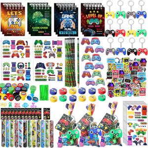 171 Pcs Video Game Party Favors Set Includes Gift Bags Pencils Notebook Sharpener Slap Bracelets Rings Keychains Tattoo Gaming Stickers Stamper Gamer Party Favors for Kids Gamer Birthday