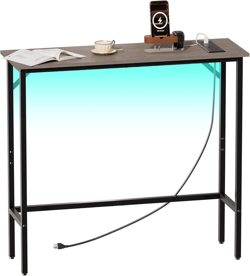Narrow Console Table with Led Light and Charging Station29.5" Small Entryway TableDisplay TableEntryway Hallway Thin Sofa Table Behind Sofa, Small Spaces, Living Room, Gray (Grey)