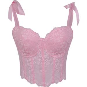 SHYMMUO Lace Corset Tops for Women Bustier Crop Top Sexy Lingerie Ribbon Straps Camisole (Pink) XL