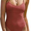 ZAFUL Women's One Piece Swimsuit Ribbed Open Back Bathing Suit Tummy Control Scoop Neck Adjustable Straps High Cut Swimwear (Light Coffee, M)