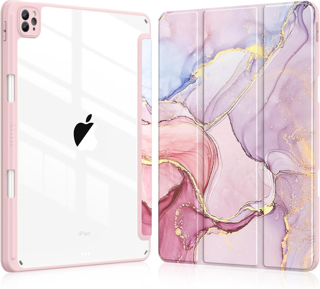 Soke Case for iPad Pro 12.9 Inch (6th/5th/4th/3rd Generation, 2022/2021/2020/2018) - Pencil Holder + Auto Sleep/Wake + Camera Protection, Transparent Shockproof Back Cover, Dreamy Marble