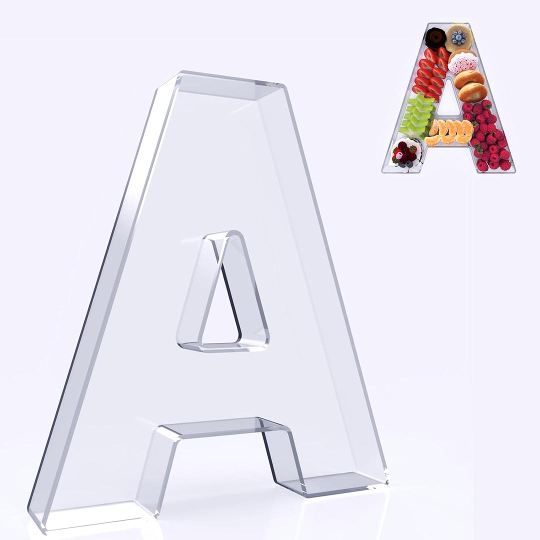 11" Acrylic Letter Charcuterie Box, Reusable Fillable Alphabet Number Shaped Form Tray for Birthday Anniversaries, Party Decorative Serving Plates Display Candy Cake (A)