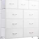 WLIVE 9-Drawer Dresser, Fabric Storage Tower for Bedroom, Hallway, Closet, Tall Chest Organizer Unit for Bedroom with Fabric Bins, Steel Frame, Wood Top, Easy Pull Handle, White