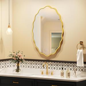 Gold Oval Wavy Mirror 2028inch, Irregularly Shaped, Unique Vanity Mirror, Wall Mirror for Bathroom, Living Room, Bedroom, Entryway