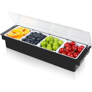 Bar Fruit Condiment Caddy With Lid,Bar Garnish Tray Caddy For Bartenders,Plastic Toppings Container For Fruits,Ice Cream,Salad(4 Compartment)