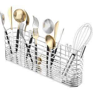 JAQ Utensil Holder for Sink, Sus304 Stainless Steel Rust Free Silverware Cutlery Flatware Holder Rack Organizer with Hooks for Dish Drying Rack Sink Dish Drainer in Kitchen Bathroom