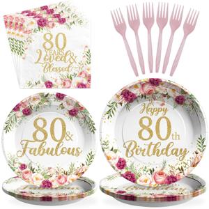 96Pcs 80th Birthday Decorations for Women Rose Gold Floral 80th Birthday Plates and Napkins Tableware Sets 80 and Fabulous Party Decorations for Womens 80 Years Old Party Supplies Serves 24