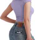 OMKAGI Women One Off Shoulder Y2K Tops Double Lined Slim Fit T Shirts Basic Tees (Purple)