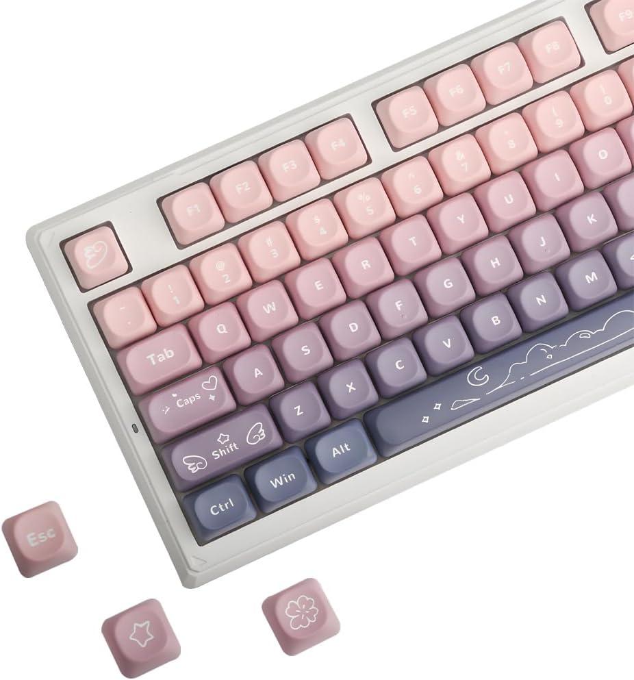 Cute Pink Purple Gradient Keycaps MOA Profile PBT Keycaps 134 Keys Five-Side Dye Sublimation for Mechanical Keyboard Aesthetic Heart Pattern