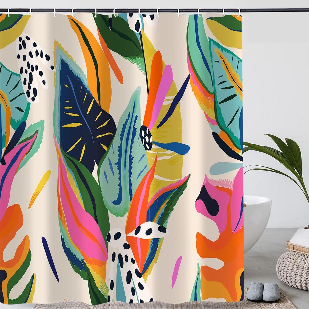 Boho Colorful Floral Shower Curtain, Abstract Art Modern Asthetic Jungle Plant Leaf Bathroom Curtain with 12 Hooks, Waterproof Polyester Fabric Bath Curtain with Hooks 72x72 Inch