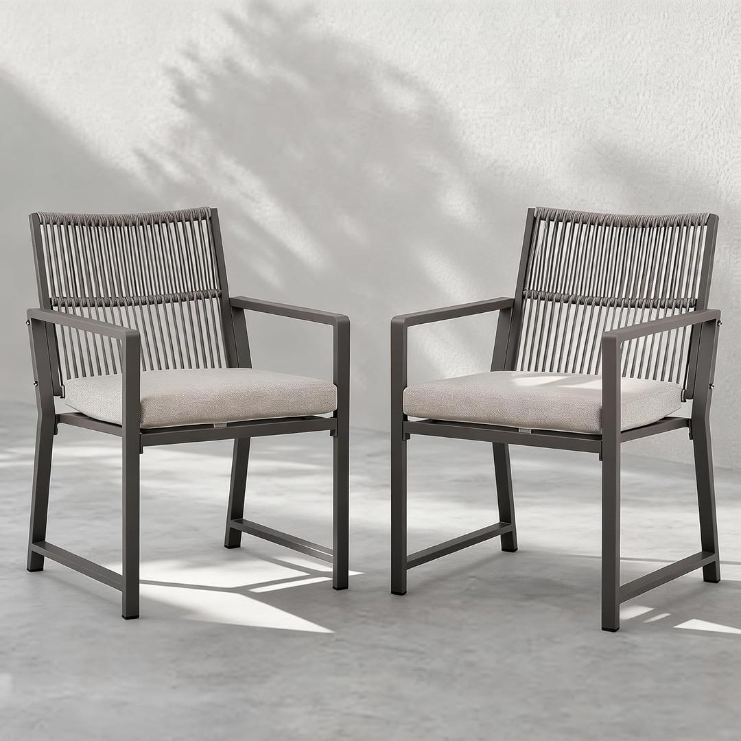 Outdoor Patio Dining Chair, All-Weather Woven Rope Outdoor Chairs Set of 2, Sturdy Iron Frame, 400 lbs, Ergonomic Backrest, Removable Breathable Cushion, for Patio & Garden, Light Brown