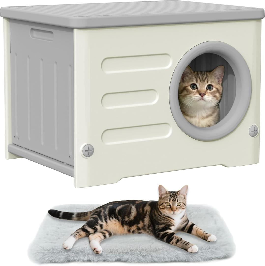 Outdoor Cat House Weatherproof Insulated,Plastic Waterproof Elevated Cat Shelter Stackable Pet House Cat Wave for Outdoor Indoor Use with Bed Cushion, Grey