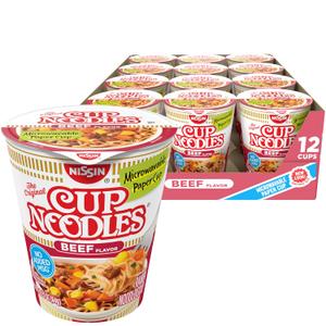 Nissin Cup Noodles Soup, Beef Flavor, Microwaveable Paper Cups, Instant Ramen, 2.25 Ounce (Pack of 12) (EXP 11/03/26)