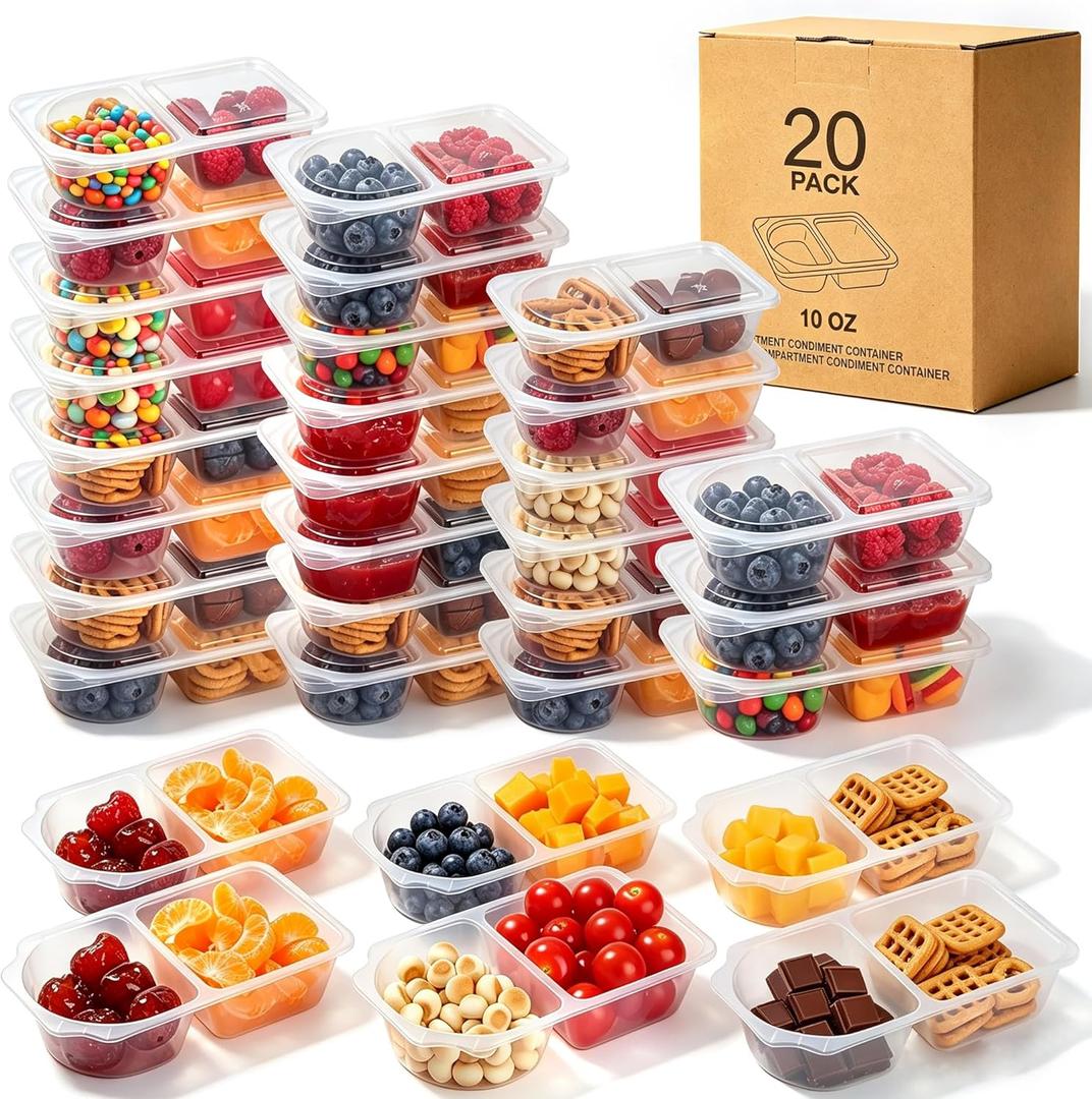 10 OZ New Snack Pack Containers &Reusable Snack Containers with Lids-Double Compartment Meal Prep Containers,Compartment Condiment Containers,Perfect for Bulk Meal Prep & On-the-Go (20 Sets)