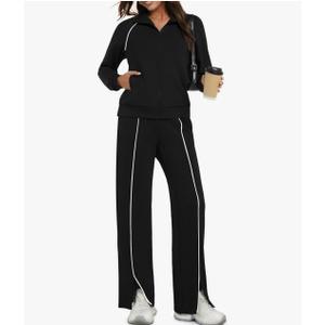 Casly Lamiit Womens 2 Piece Outfits 2025 Fall Casual Zip Up Sweatsuits Lounge Set Travel Wide Leg Pants Striped Tracksuit, Black, XS