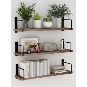 Floating Shelves - 24 Inch Wall Mounted Set of 3 Rustic Wood Shelves for Wall Decor and Living Room Storage (Brown)