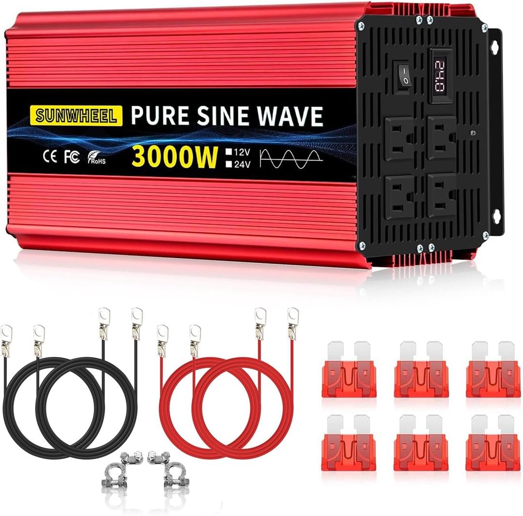 SUNWHEEL 3000W 24V Pure Sine Wave Inverter, 24V DC to 110V/120V AC Power Inverter for RVOff GridTruckPower Outage with 4 AC outlets and LCD Display