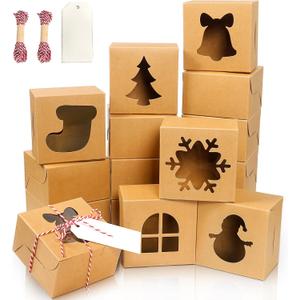 BEAVOING 24 PCS Brown Bakery Boxes with Window, 4x4x2.5 Inch Christmas Cookie Boxes Small Christmas Treat Boxes Holiday Xmas Cake Box for Christmas Cupcakes, Cookies, Donuts Gift-Giving, Pastries
