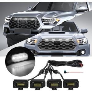 4 Pcs Grille Lights Compatible with Toyota Tacoma 2020 2021 2022 2023 TRD Off Road and Sport Models, OEM Style LED Front Grill Lights for Tacoma Accessories with Fuse & Harness (White) (White Light Black Shell)