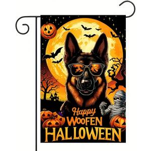 Halloween Garden Flag Double Sided 12x18 Flag Dog Flower Halloween Garden Flag German Shepherd With Sunglasses And Happy Woofen Halloween Flag Halloween Outdoor Decor Dog Lover Lawn Yard Banner