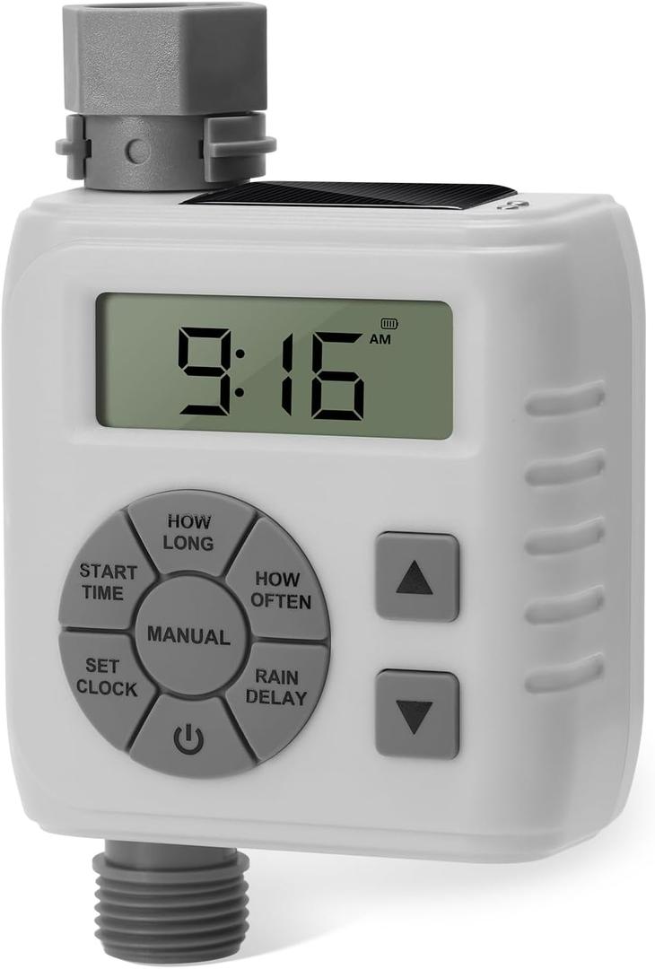 Sprinkler Timer, Programmable Irrigation Water Timer for Garden Hose, Solar/Battery Dual Power & Professional Leak-Proof Design, Rain Delay/Auto/Manual Watering System, Gray (Grey)