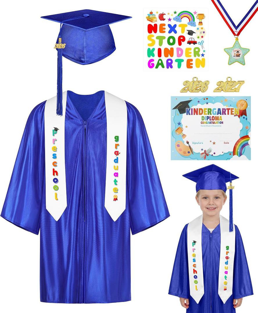 AOTHSO 8Pcs Preschool Graduation Gown Cap Set DIY 2026 with Tassel Stole Certificate Medal Kindergarten Set for Toddler Kids, Blue XS