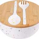ECOWAY Melamine Salad Bowl with Bamboo Lid & Servers, Bamboo Fiber Salad Serving Bowl 4Qt, Salad Mixing Utensils with Tongs Spoon for Salad, Fruit, Soup, Vegetables, Pasta, Dessert Bowls, 9.84 Inches